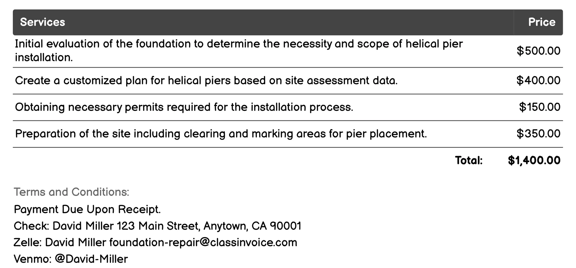 Helical Piers Installation Invoice Example