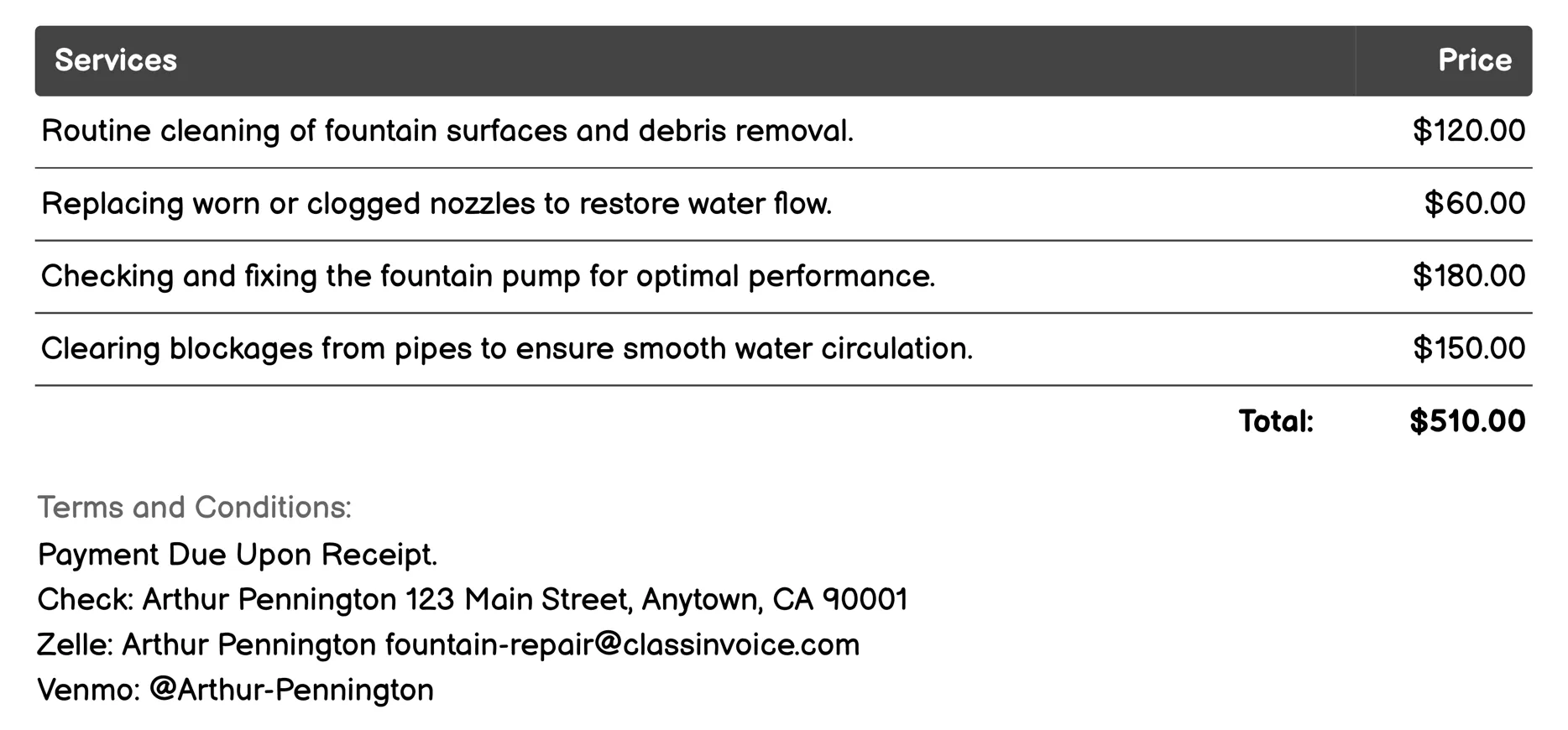 Water Feature Cleaning Invoice Example
