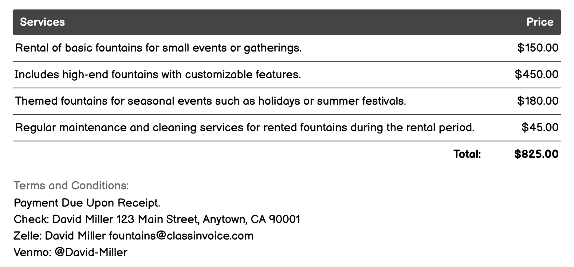 Fountain Rental Services Invoice Example