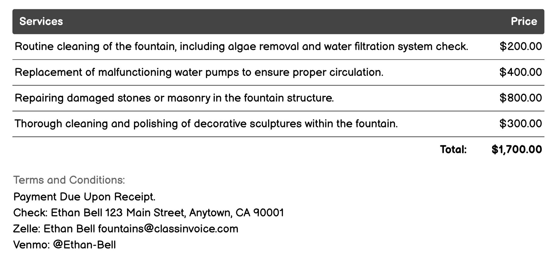 Water Feature Restoration Invoice Example