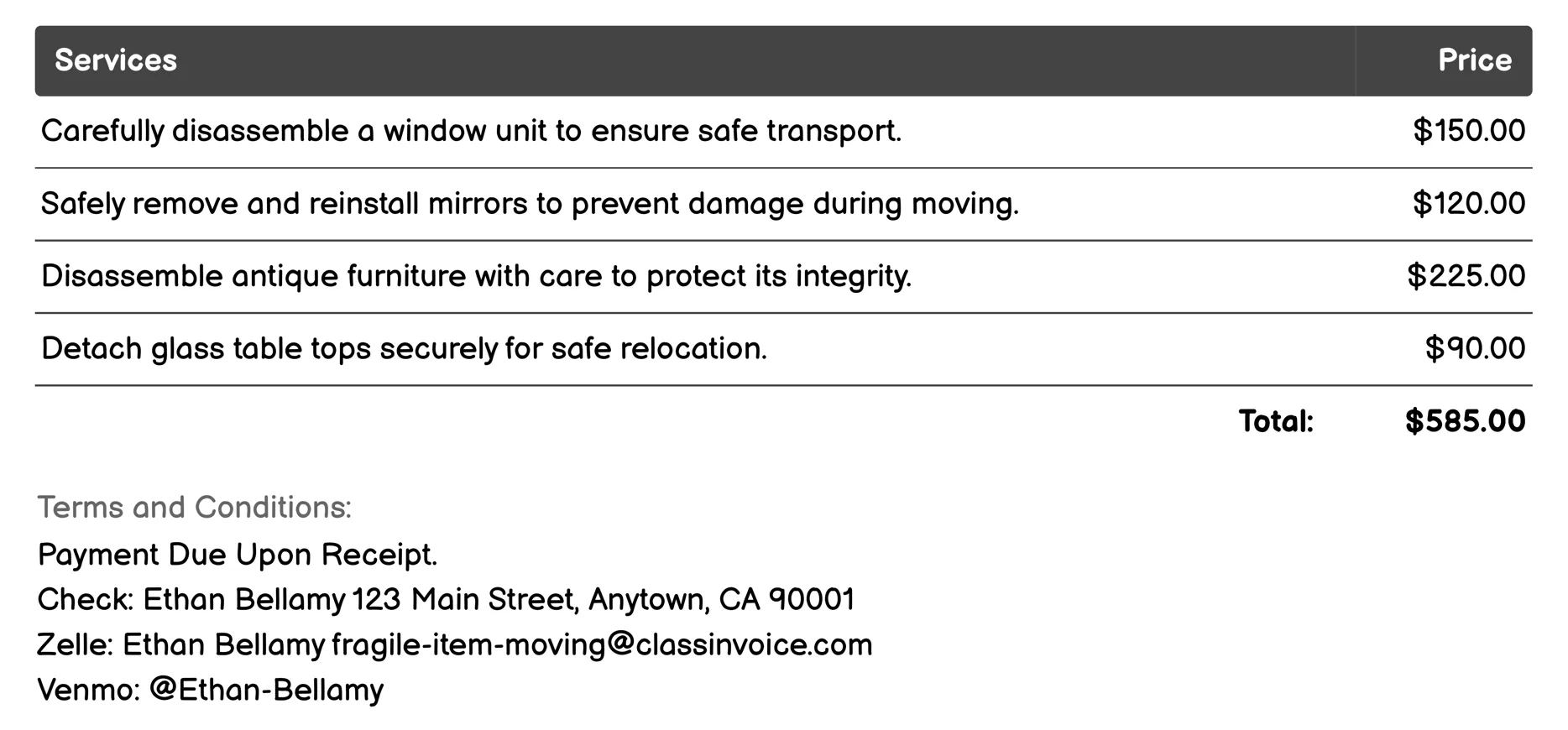 Disassembly/Reassembly Services Invoice Example