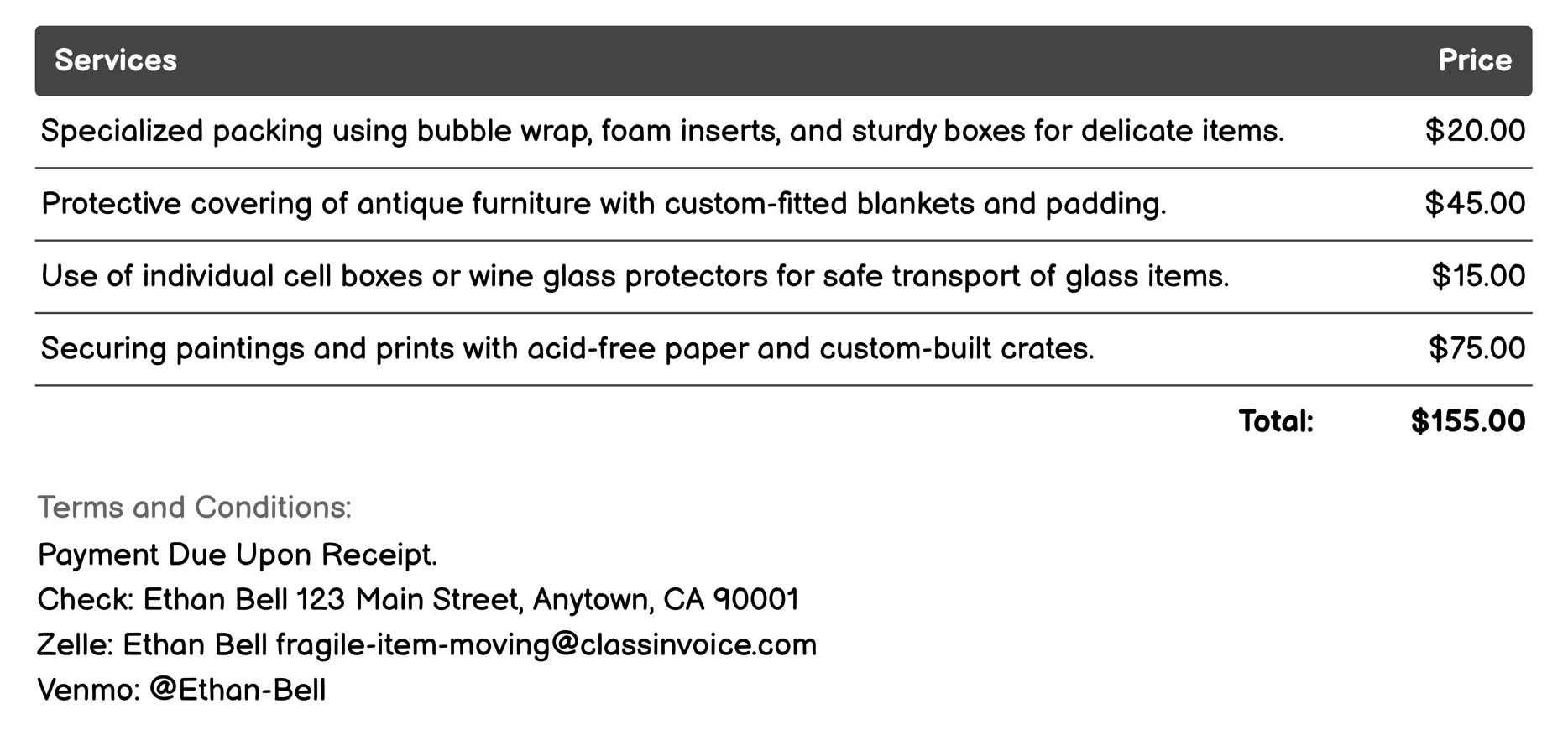 Packing Services Invoice Example