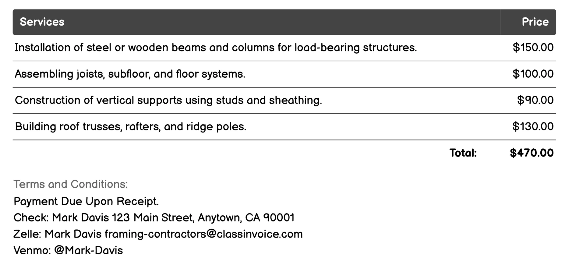 Commercial Framing Invoice Example