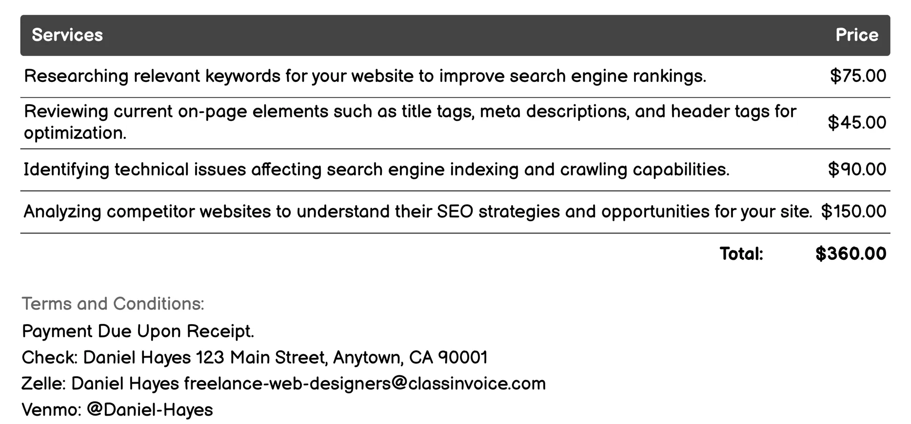 SEO Optimization Invoice Example