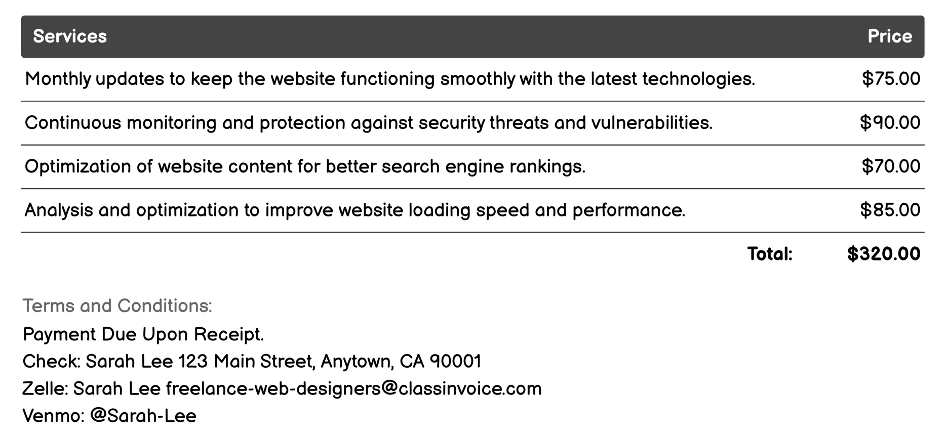 Website Maintenance and Support Invoice Example