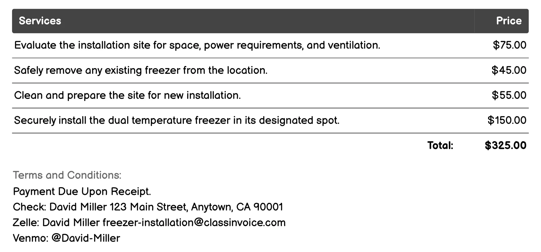 Dual Temperature Freezer Installation Invoice Example