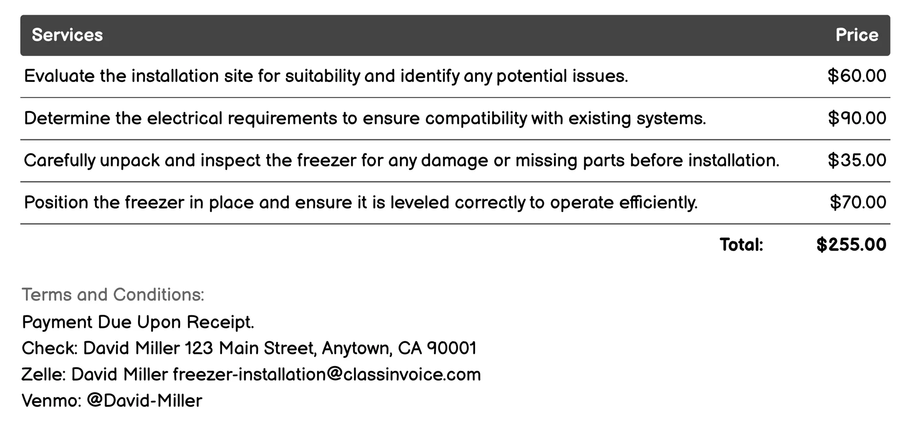 Energy-Efficient Freezer Installation Invoice Example