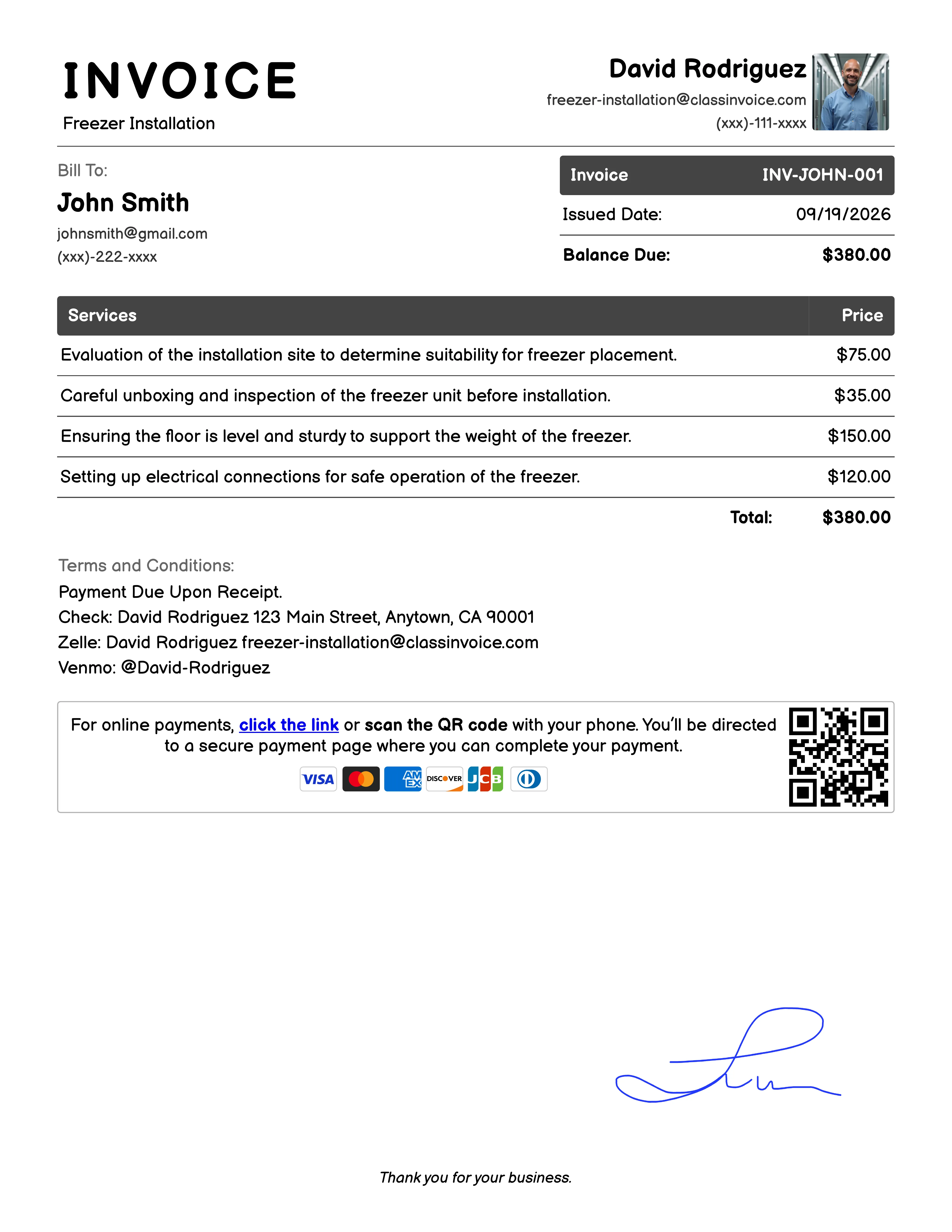 Freezer Installation Invoice Example