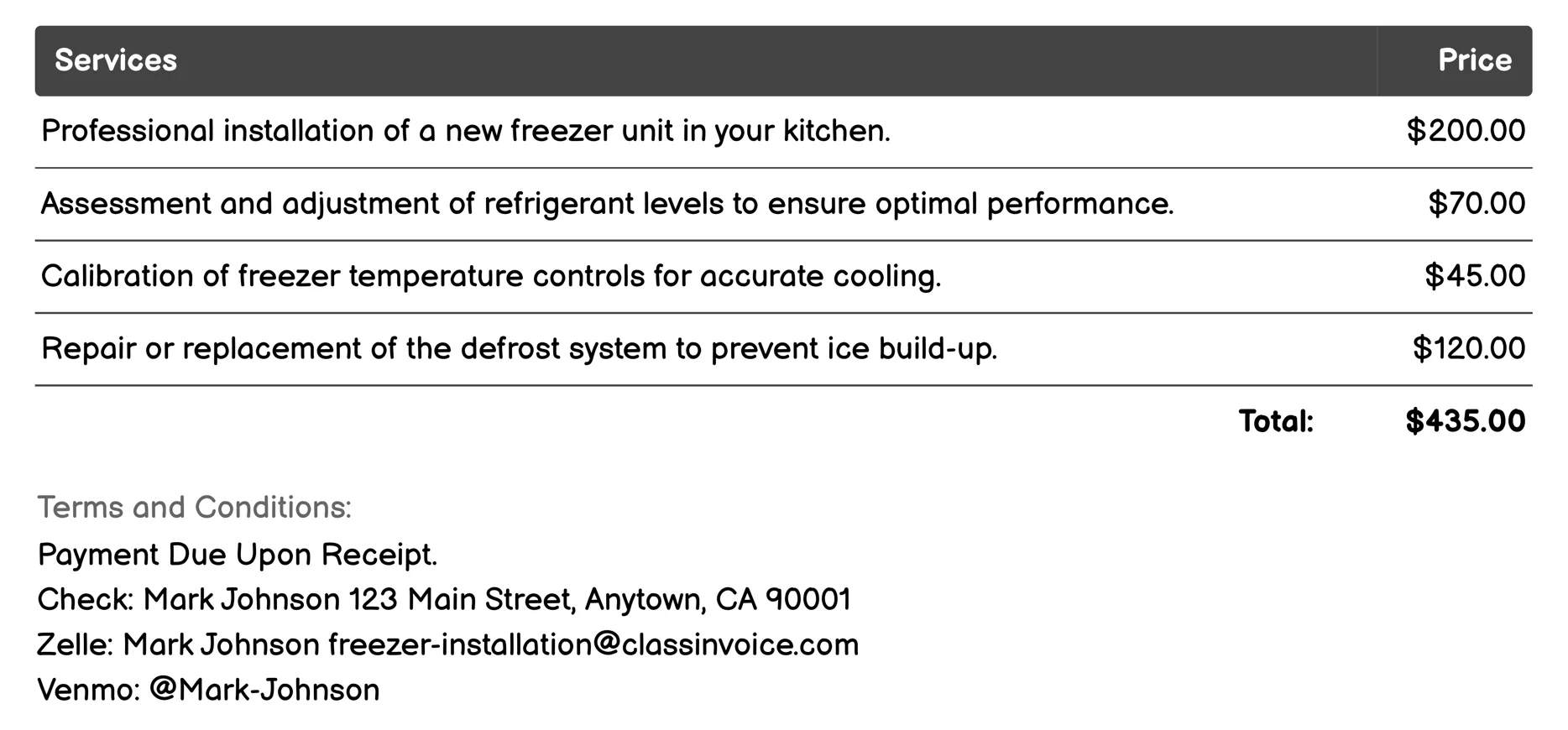 Freezer Repair and Maintenance Service Invoice Example