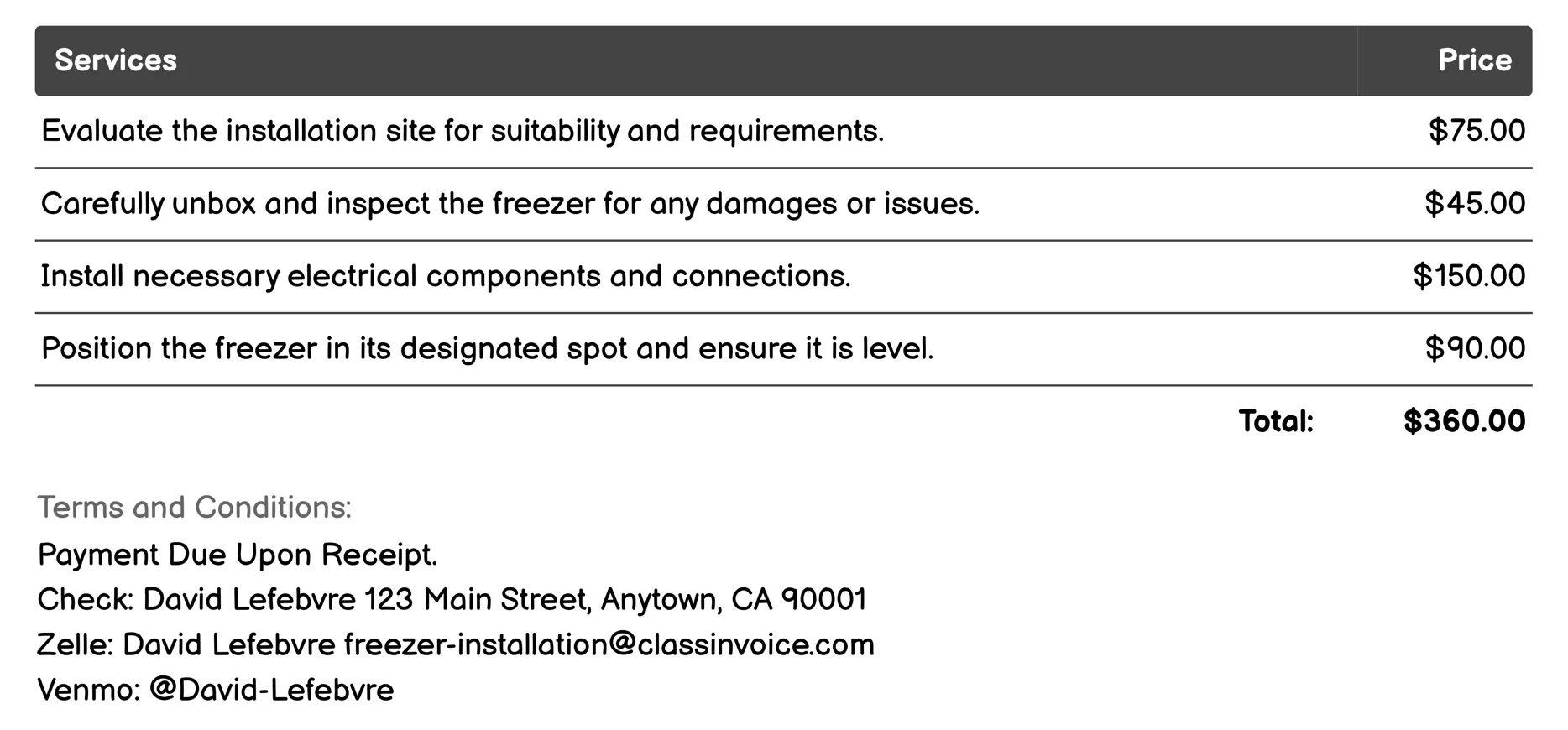 Smart Freezer Installation Invoice Example