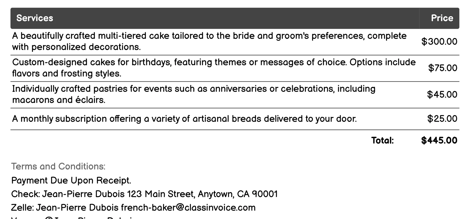 Custom Orders Invoice Example