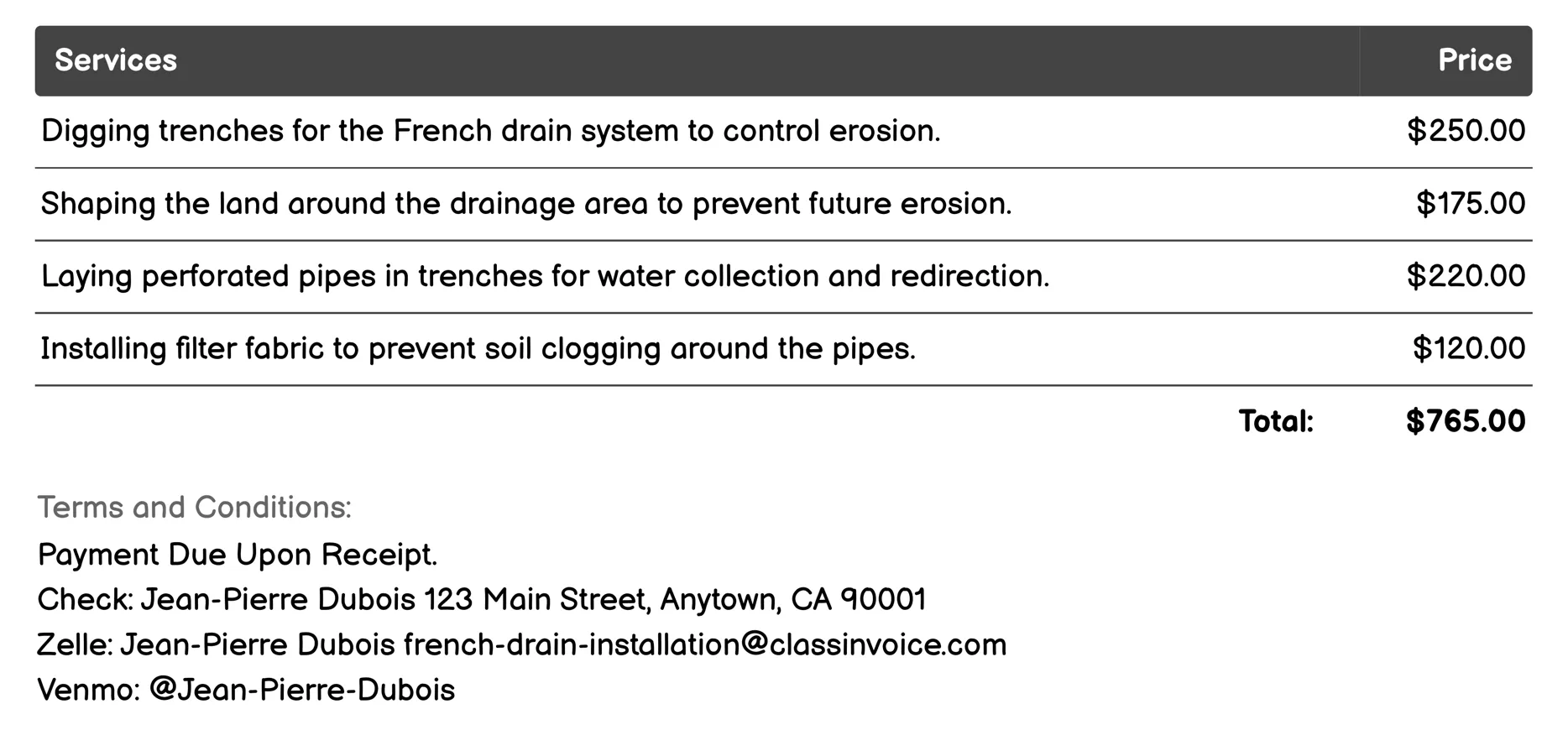 Landscaping Erosion Control Invoice Example