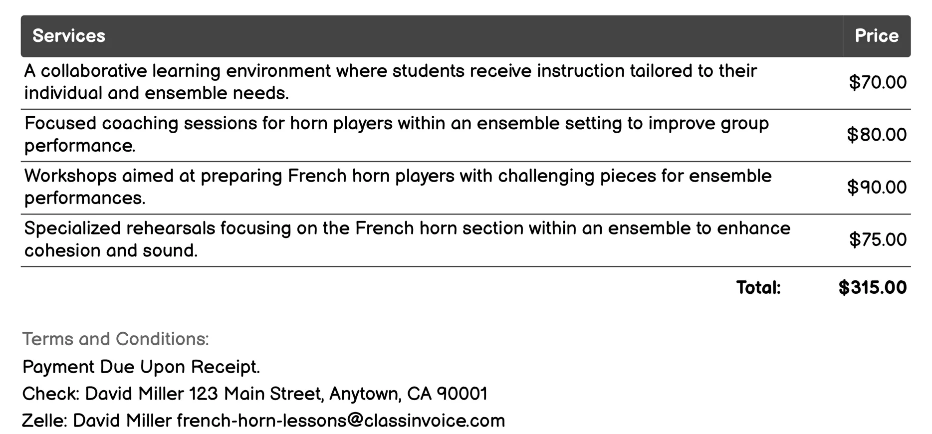 Ensemble Coaching Invoice Example