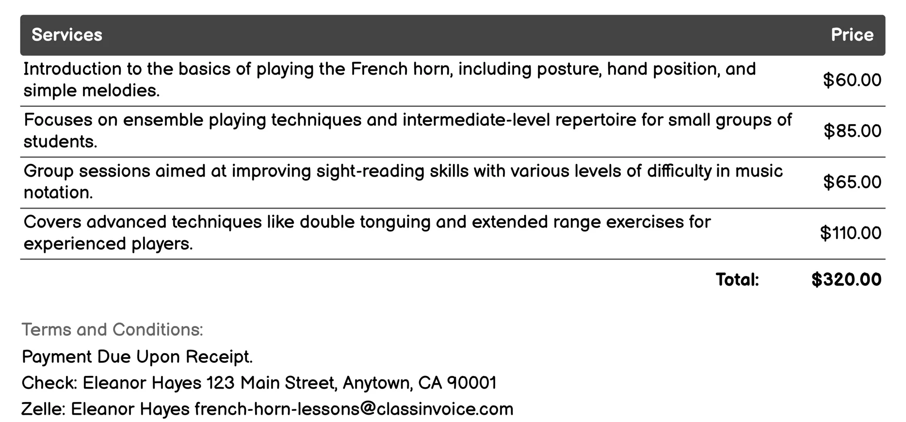 Group Classes Invoice Example