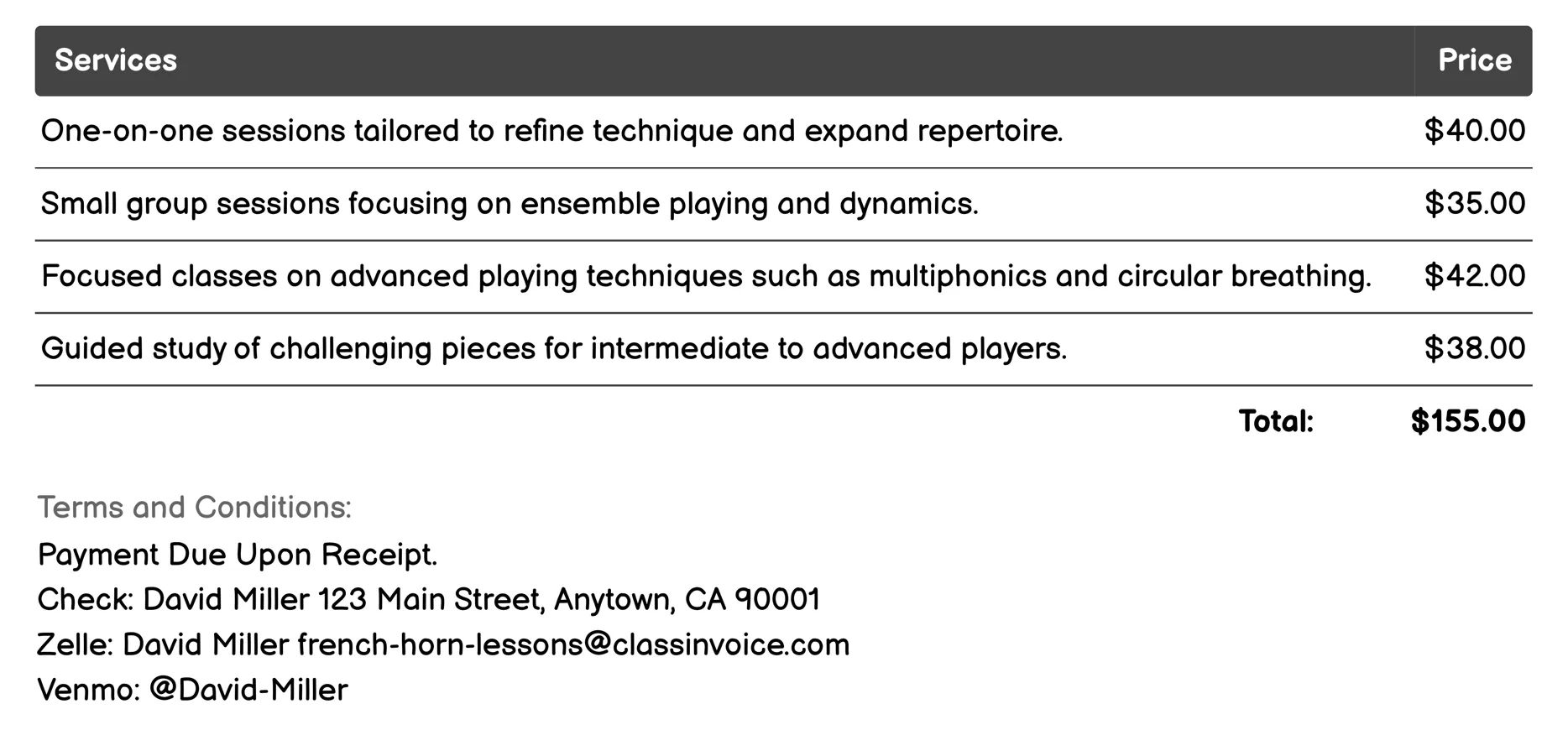 Intermediate and Advanced Training Invoice Example