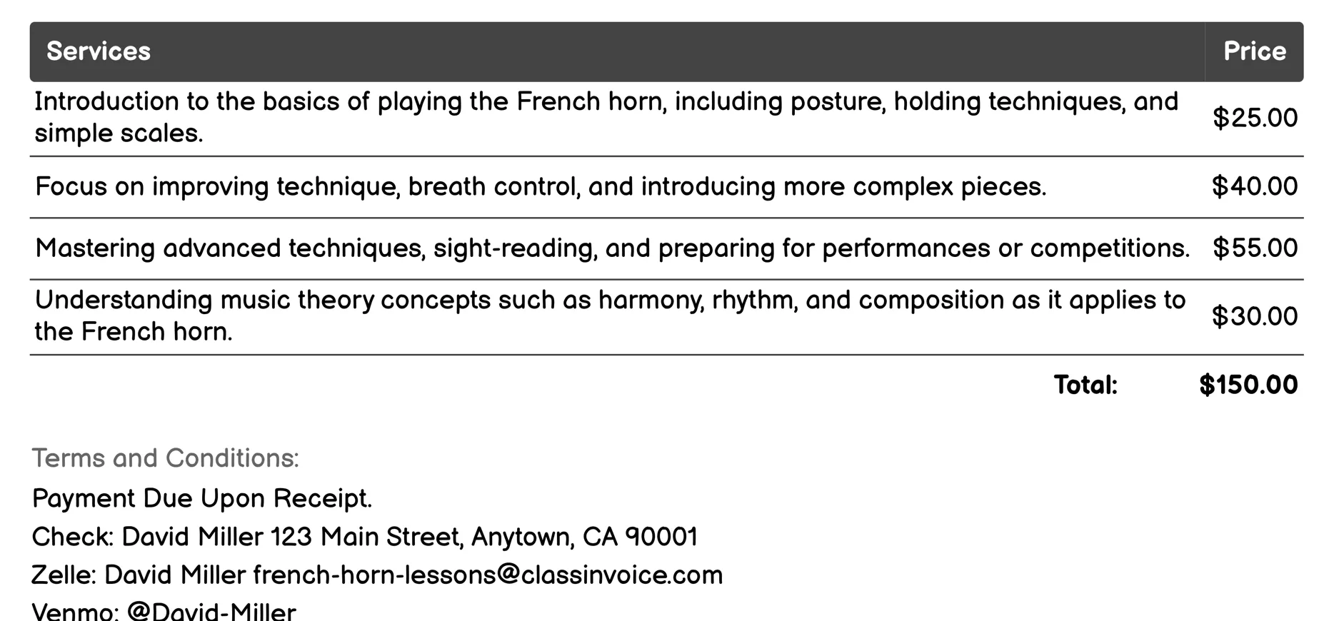 Online Lessons Invoice Example