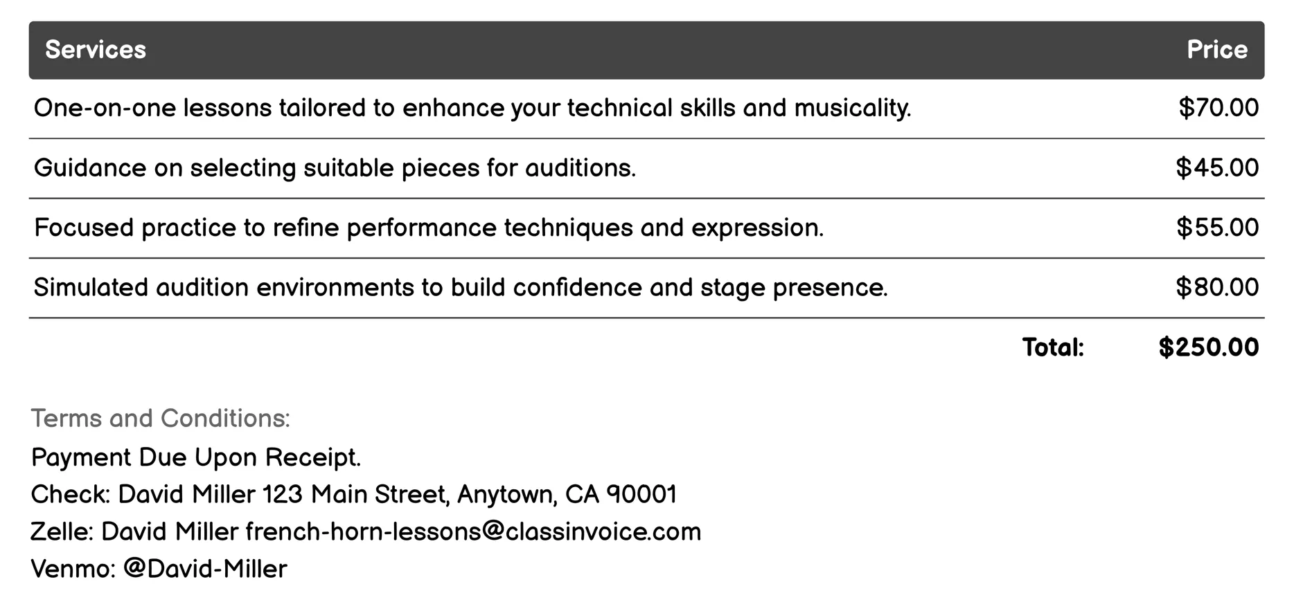 Preparation for Auditions Invoice Example