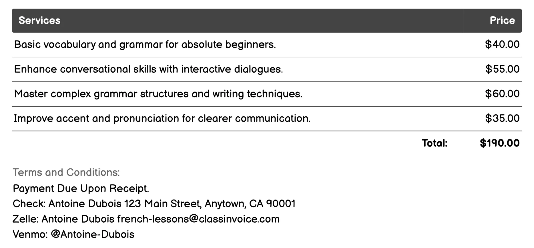 Beginner to Advanced Courses Invoice Example