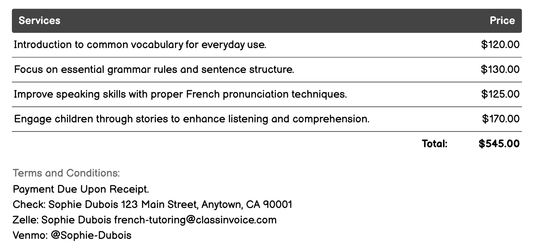 Children's French Classes Invoice Example