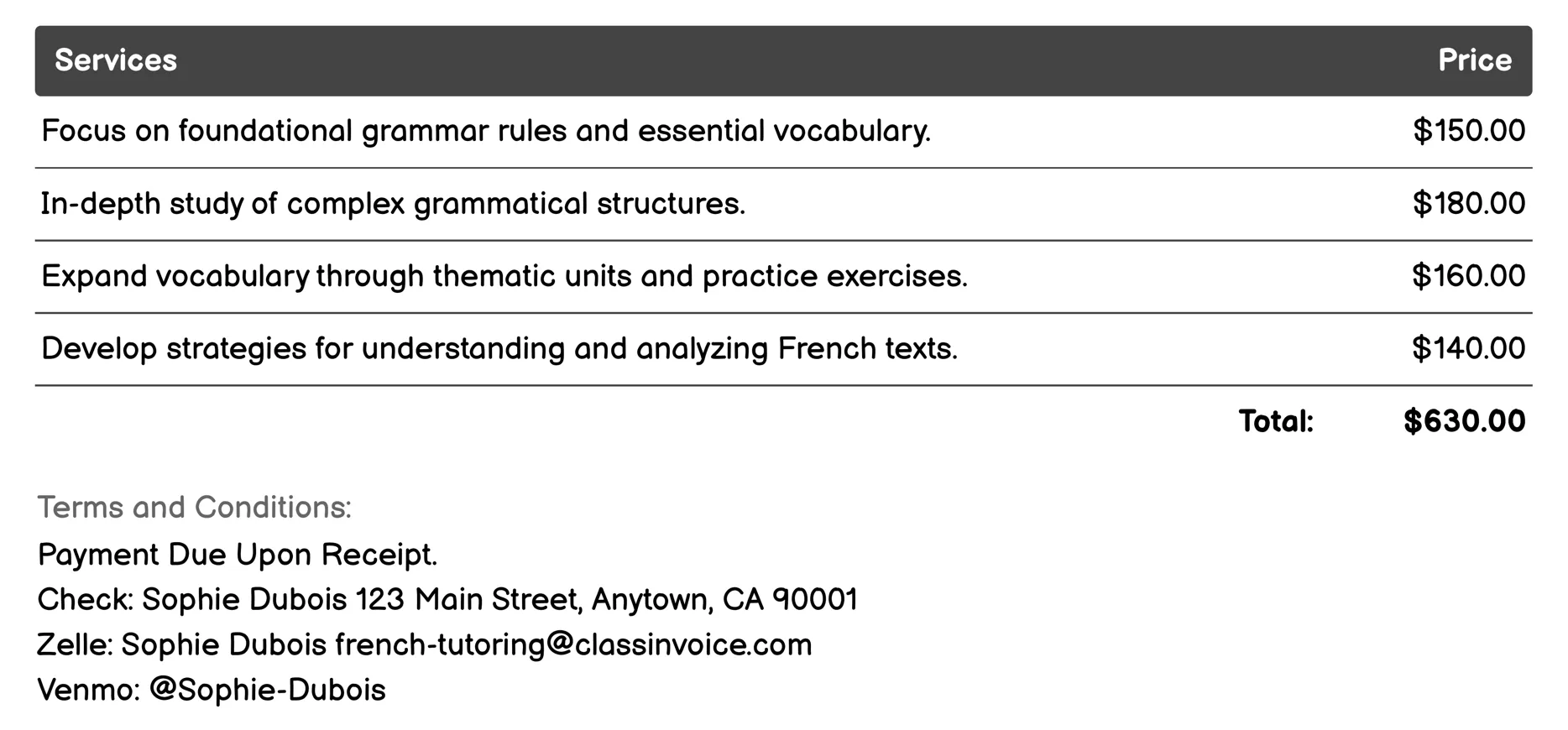 Exam Preparation Courses Invoice Example