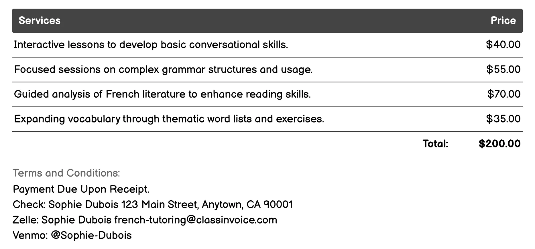 French Culture Education Invoice Example