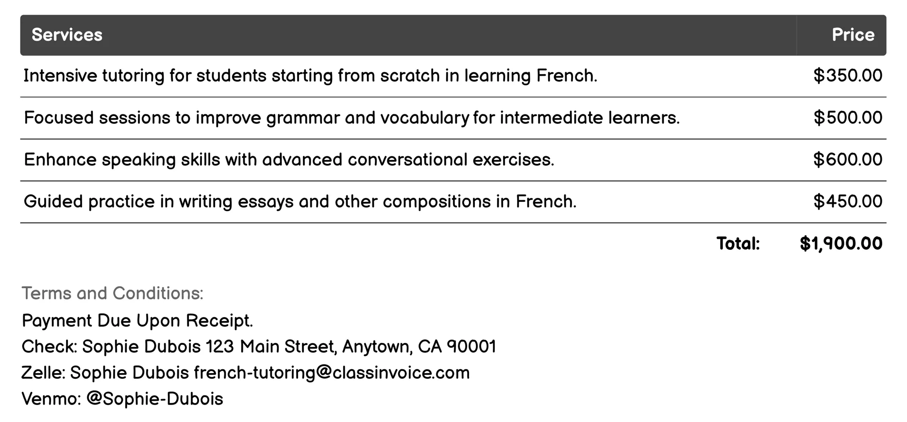 Intensive Language Program Invoice Example