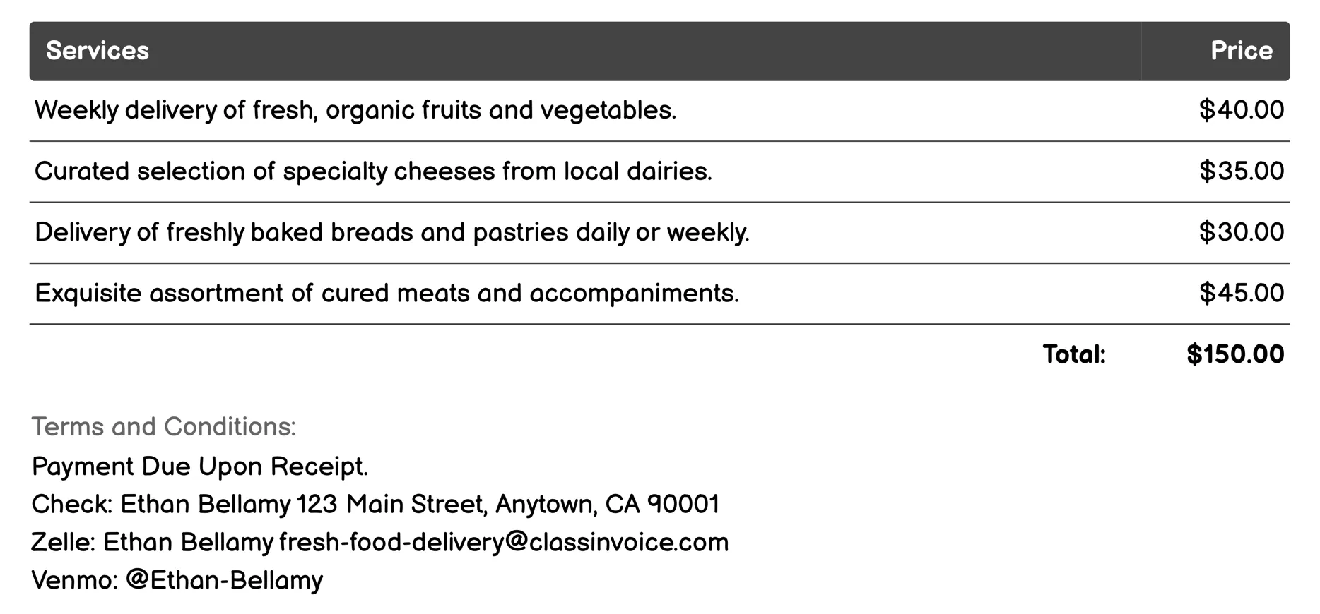 Specialty Food Delivery Invoice Example