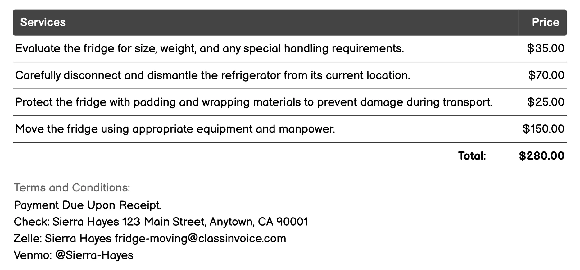 Appliance Staging and Placement Invoice Example