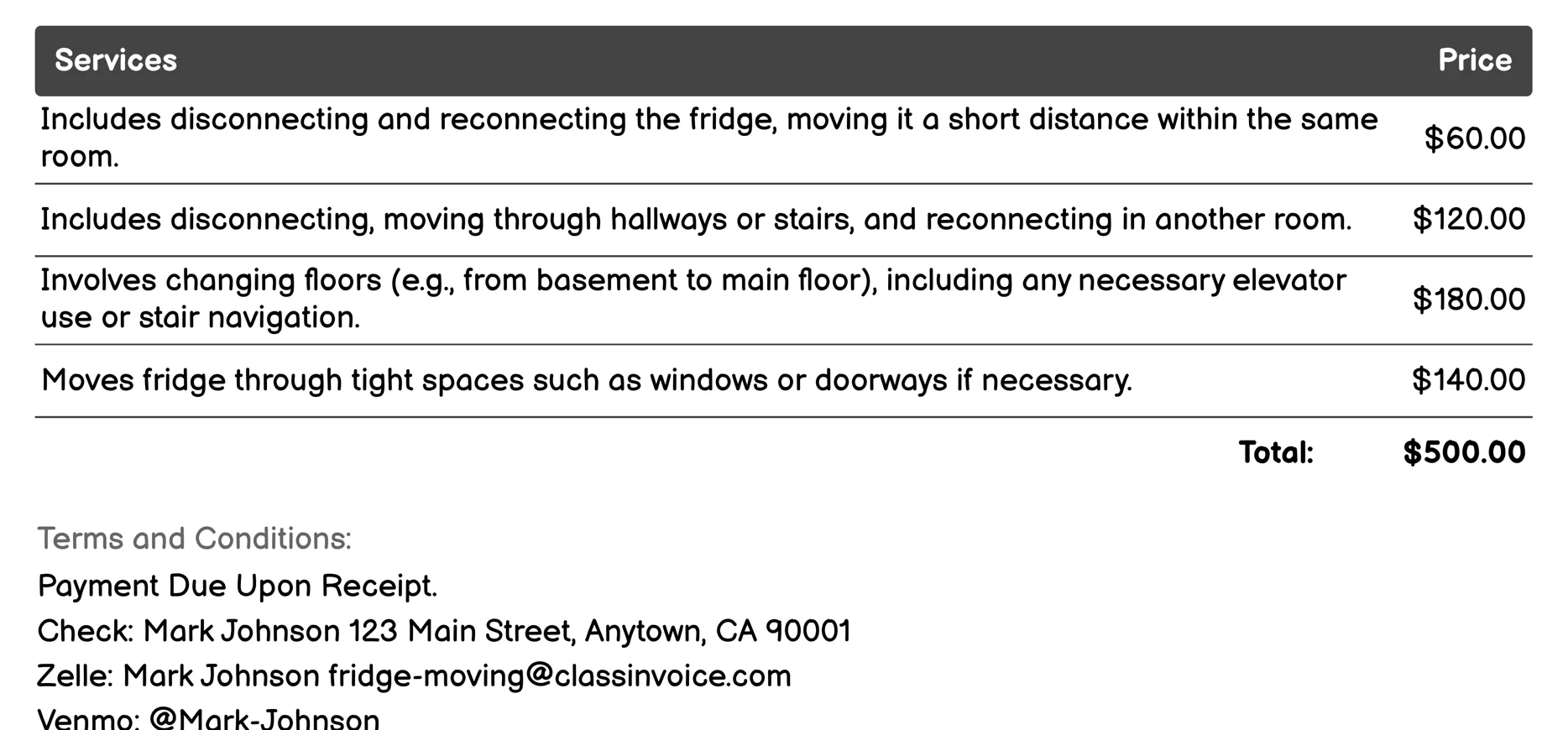Door-to-Door Fridge Move Invoice Example