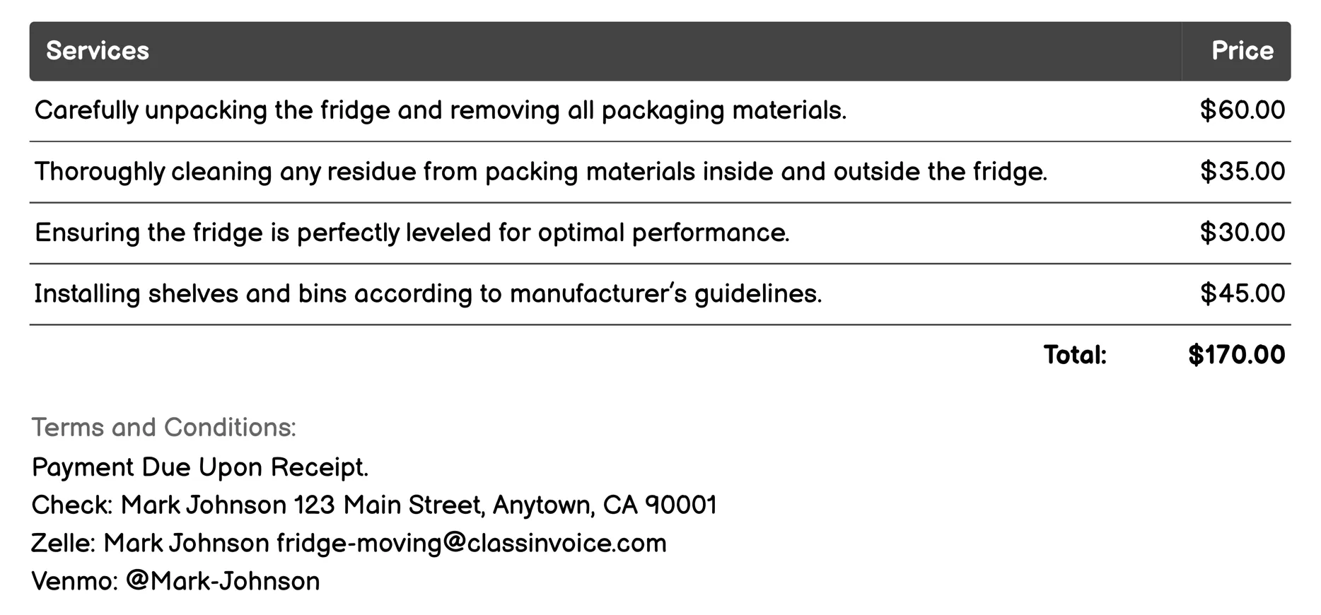 Fridge Unpacking and Setup Service Invoice Example