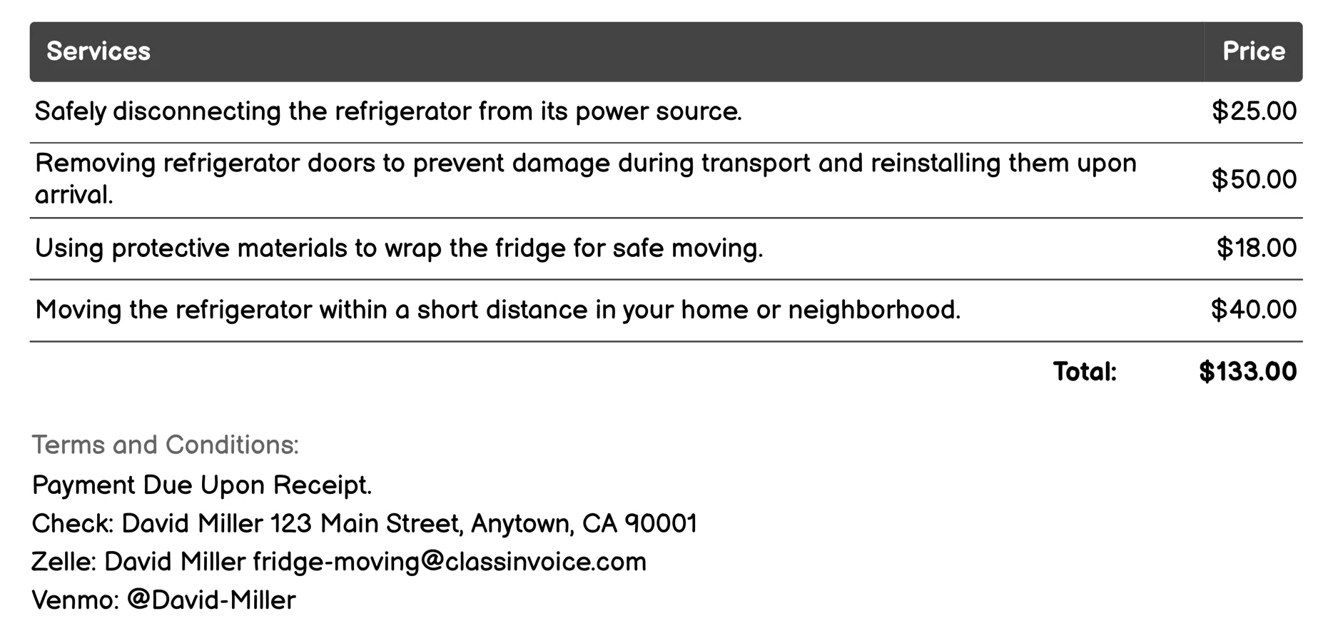 Short-Distance Fridge Move Invoice Example