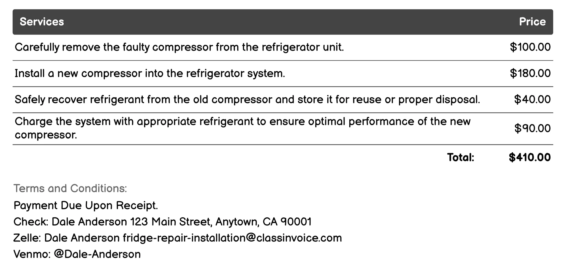 Compressor Replacement Invoice Example
