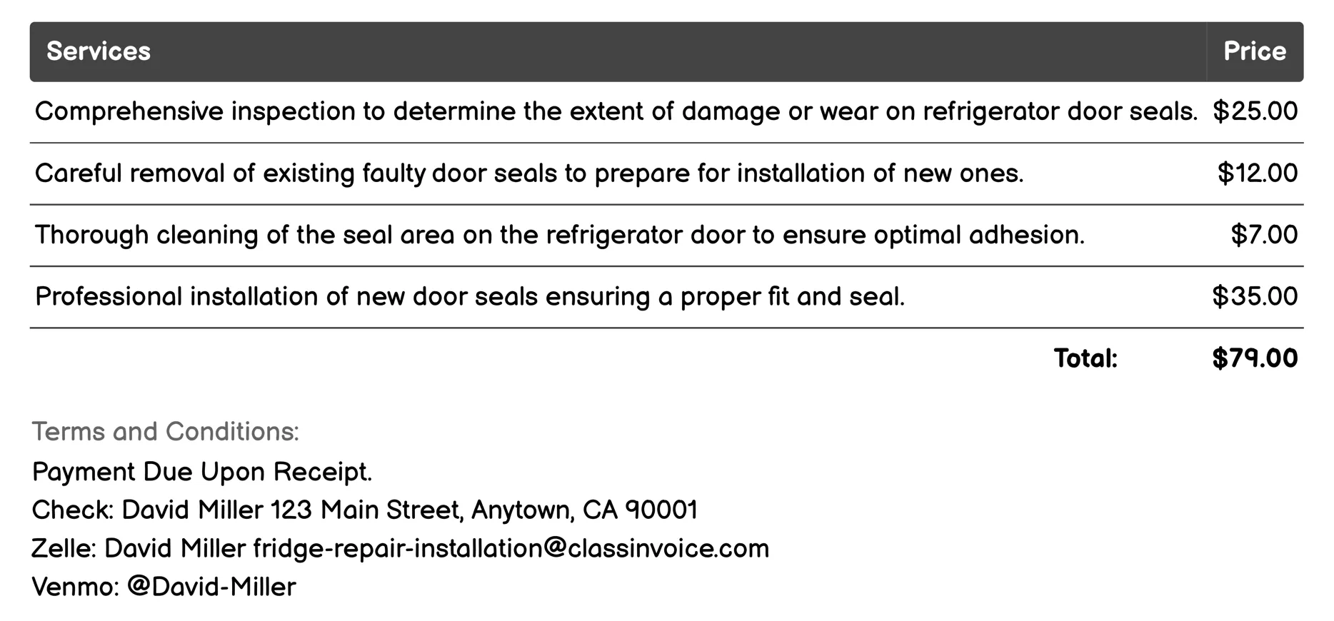 Door Seal Repair Invoice Example