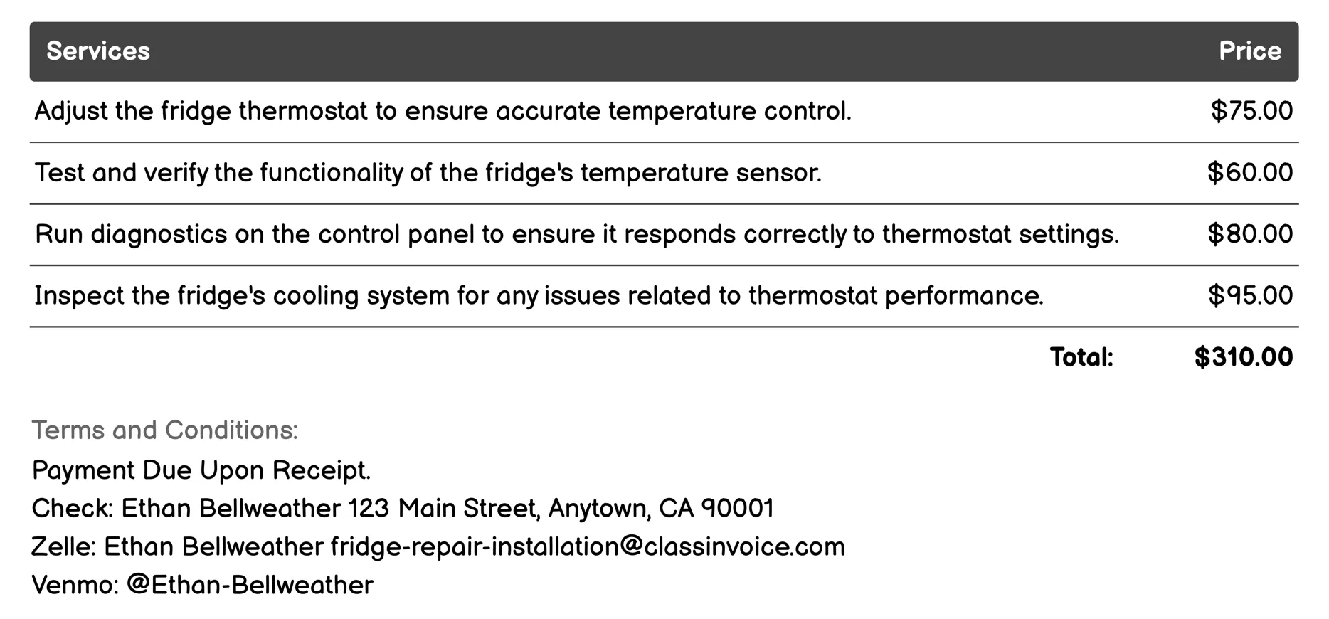 Thermostat Calibration Invoice Example