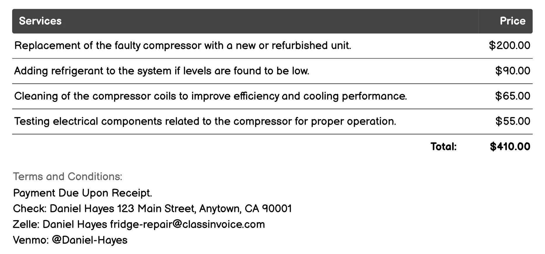 Compressor Repair Invoice Example