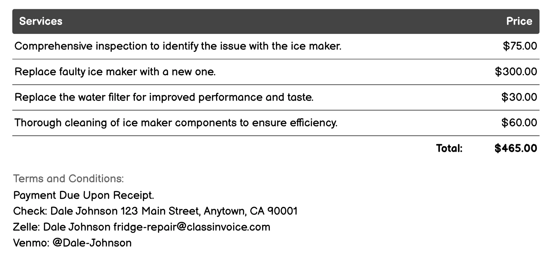 Ice Maker Repair Invoice Example