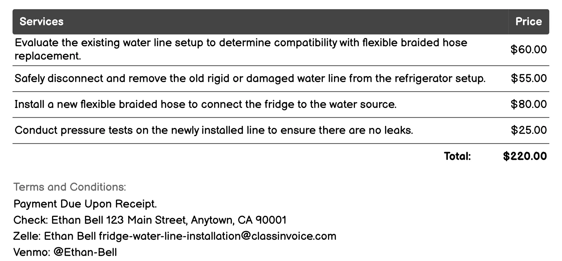 Flexible Braided Hose Replacement Invoice Example