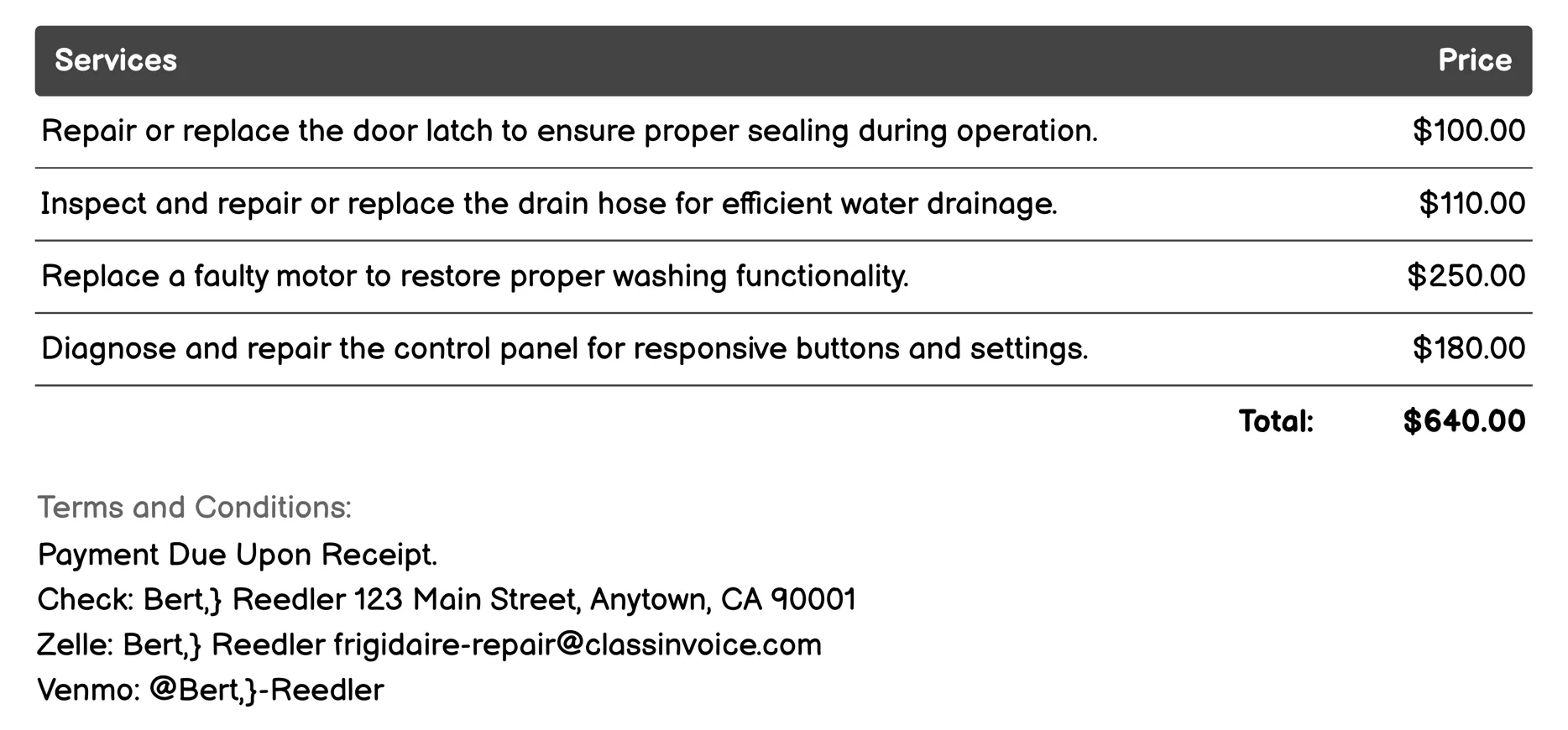 Dishwasher Repair Invoice Example