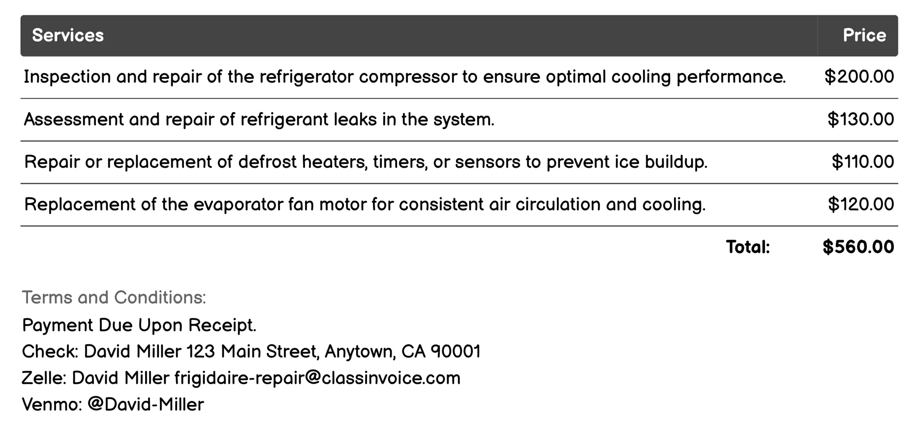 Maintenance Plans Invoice Example