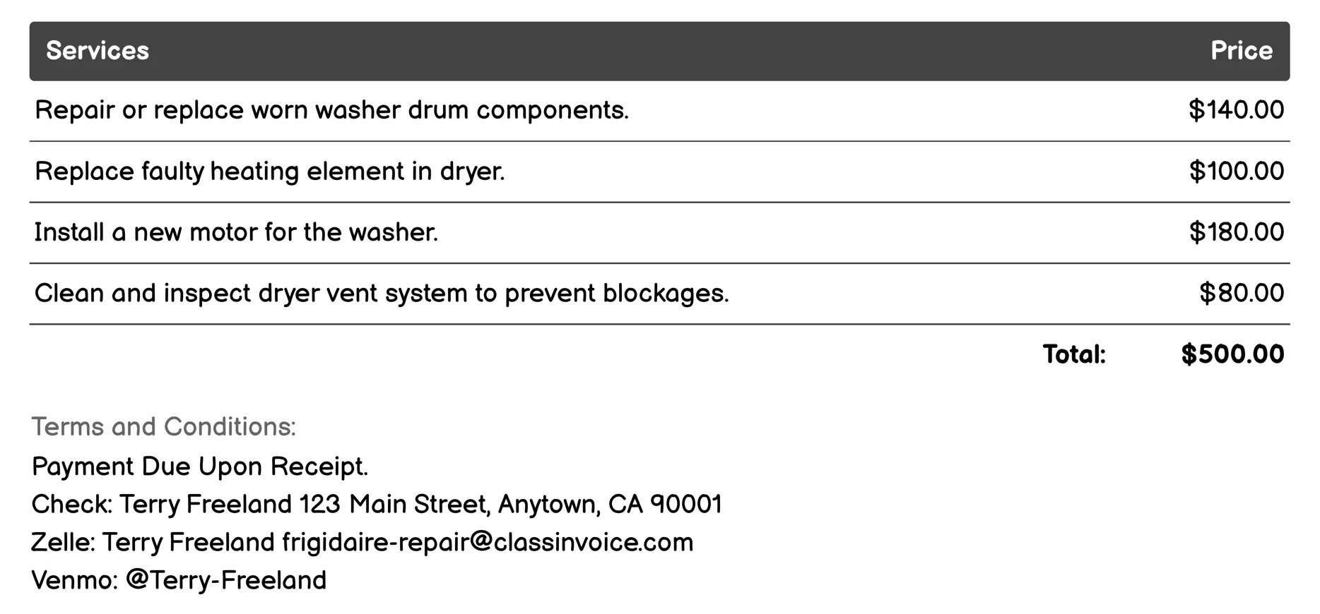 Washer and Dryer Repair Invoice Example