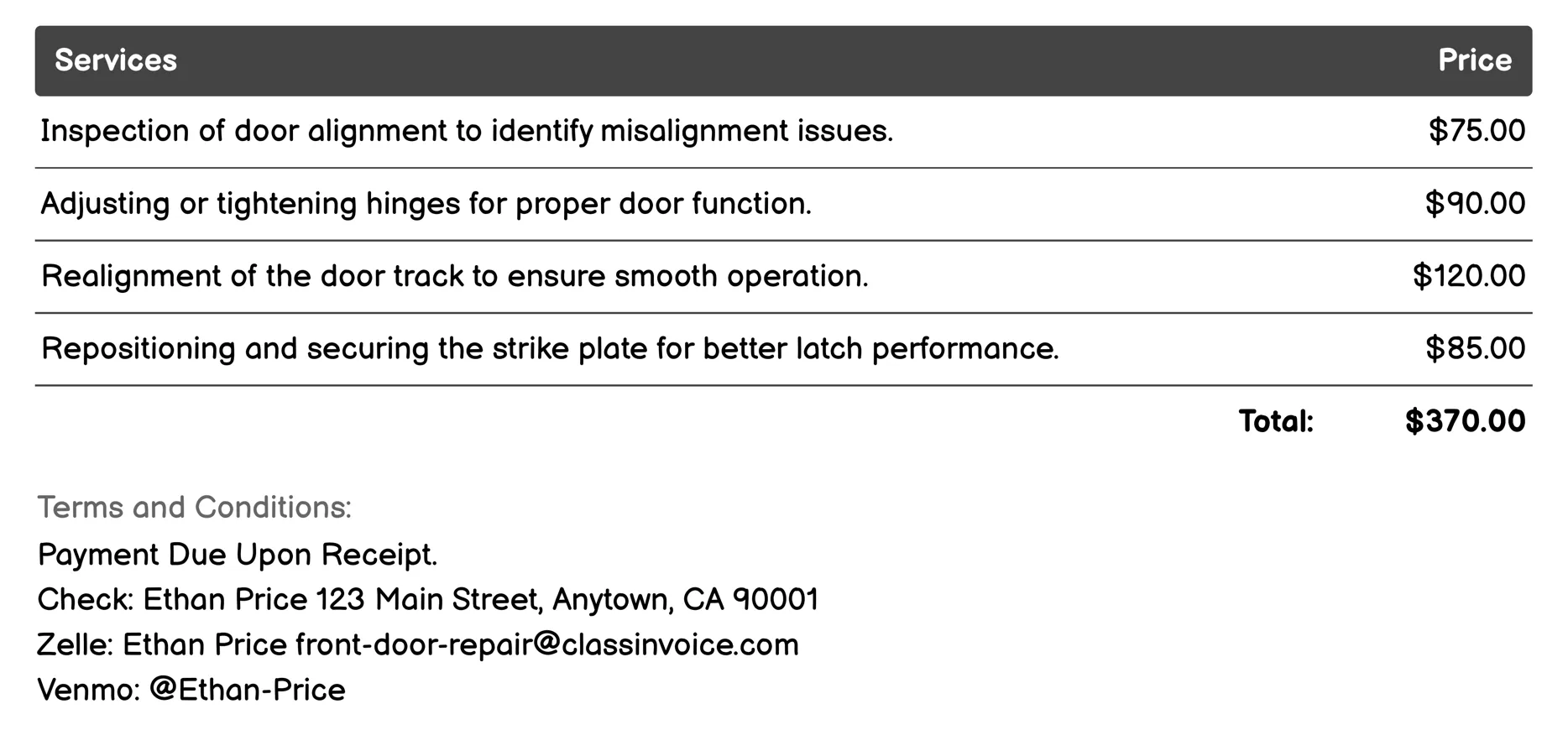 Door Alignment Adjustment Invoice Example