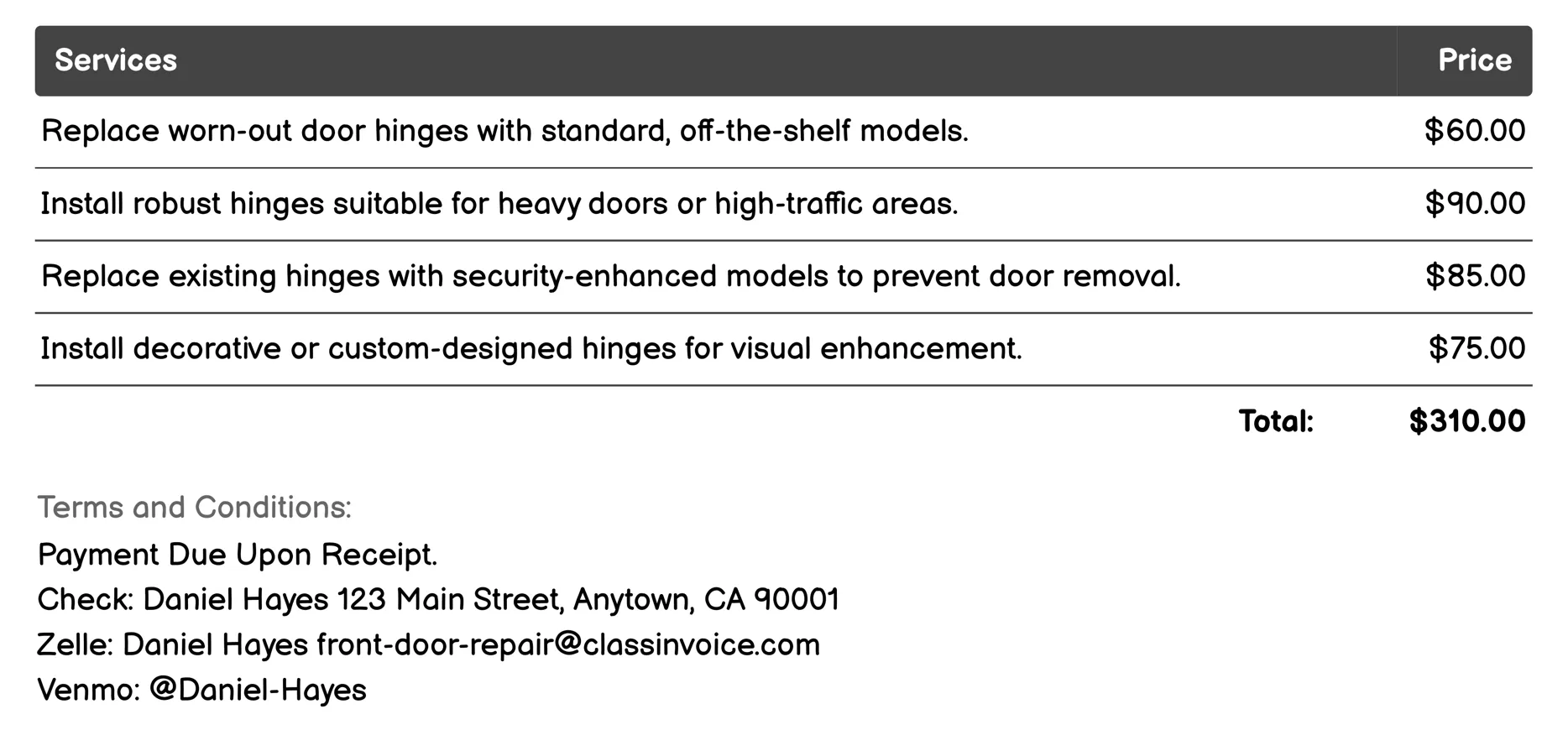 Door Hinge Replacement Invoice Example