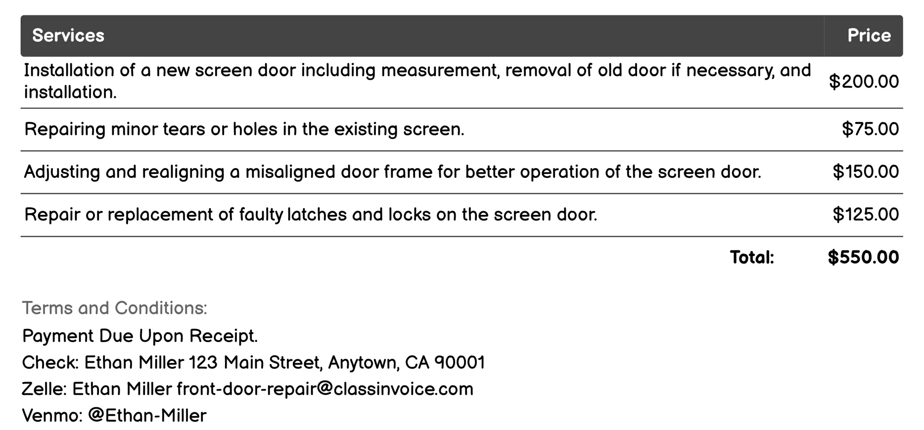 Screen Door Installation or Repair Invoice Example