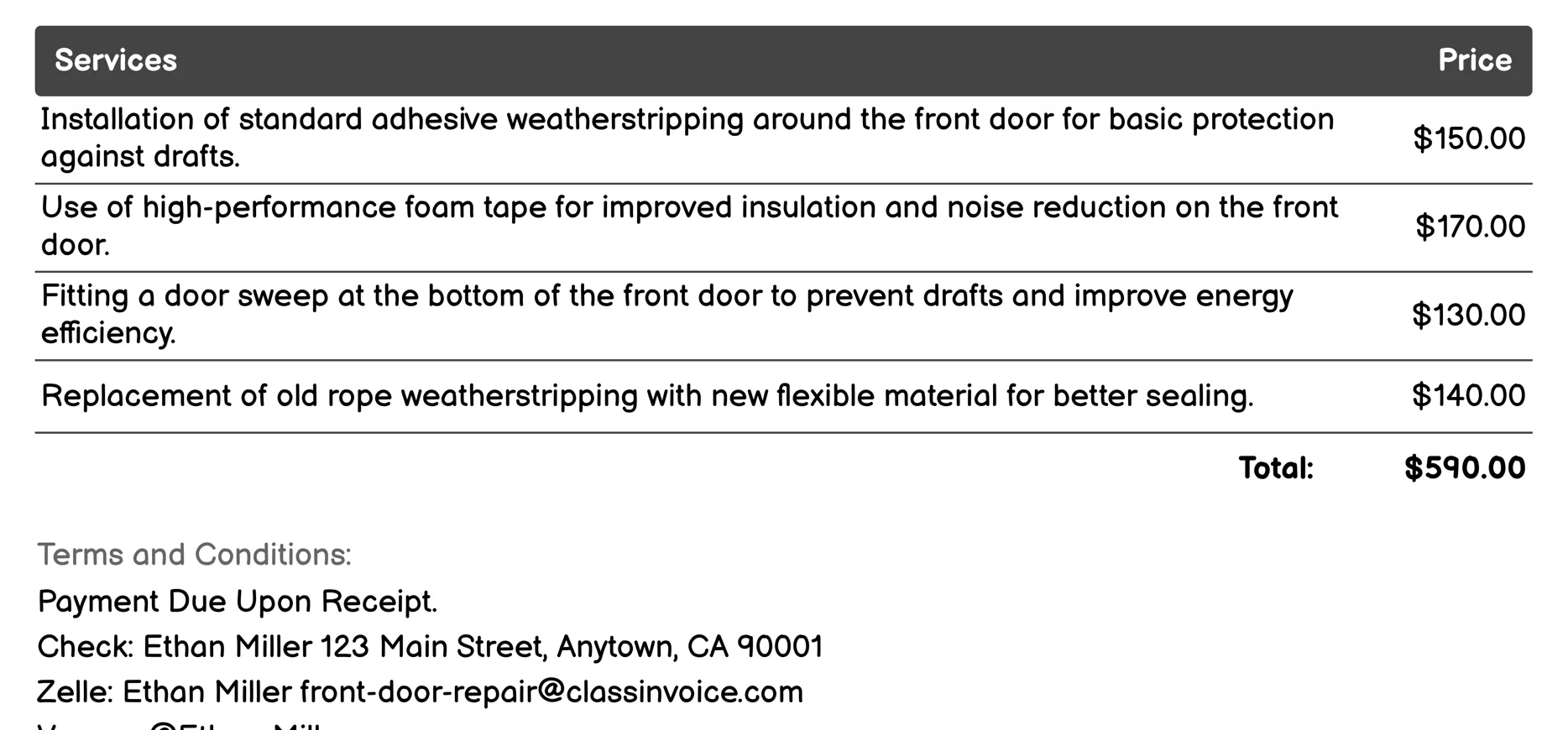 Weatherstripping Installation Invoice Example