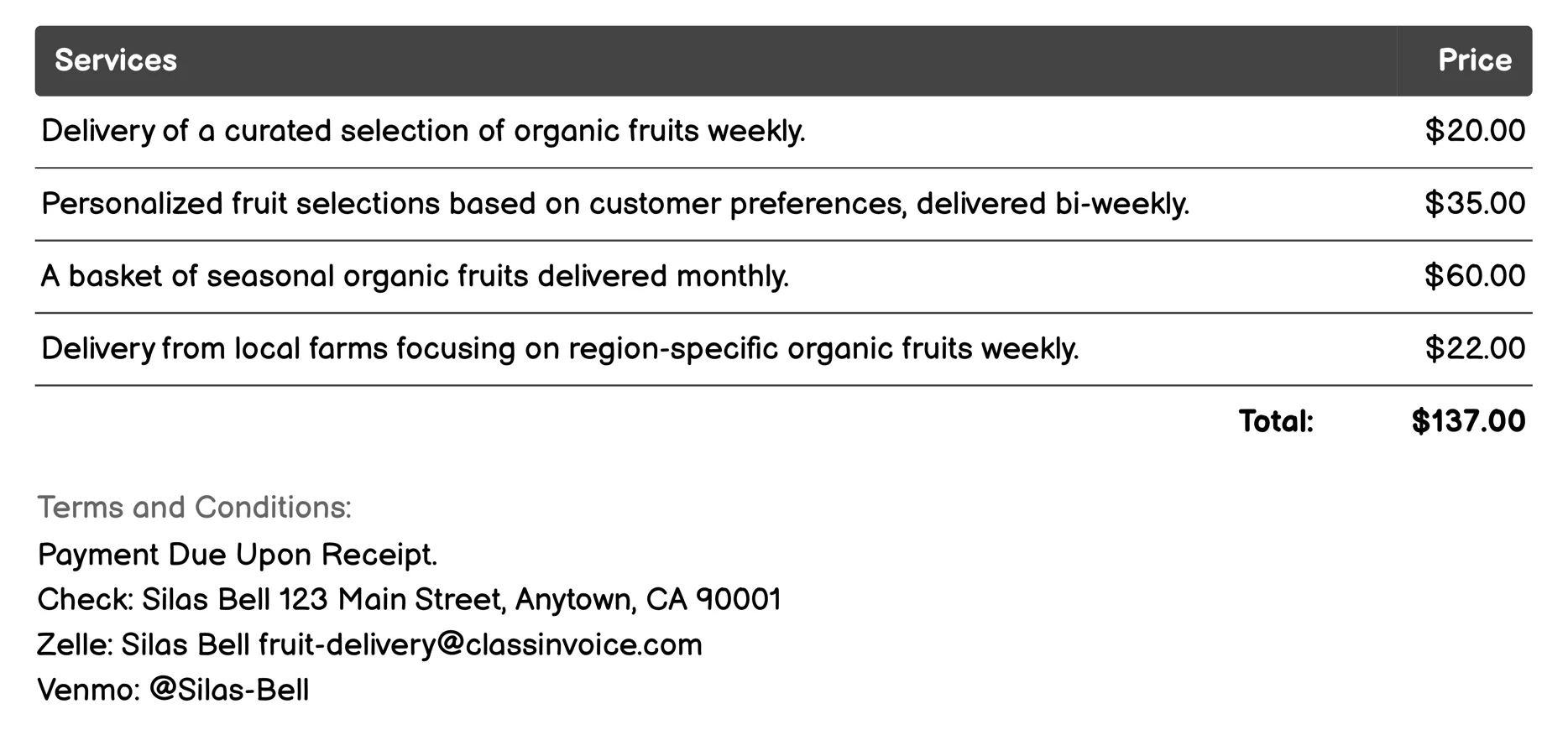 Organic Fruit Delivery Invoice Example