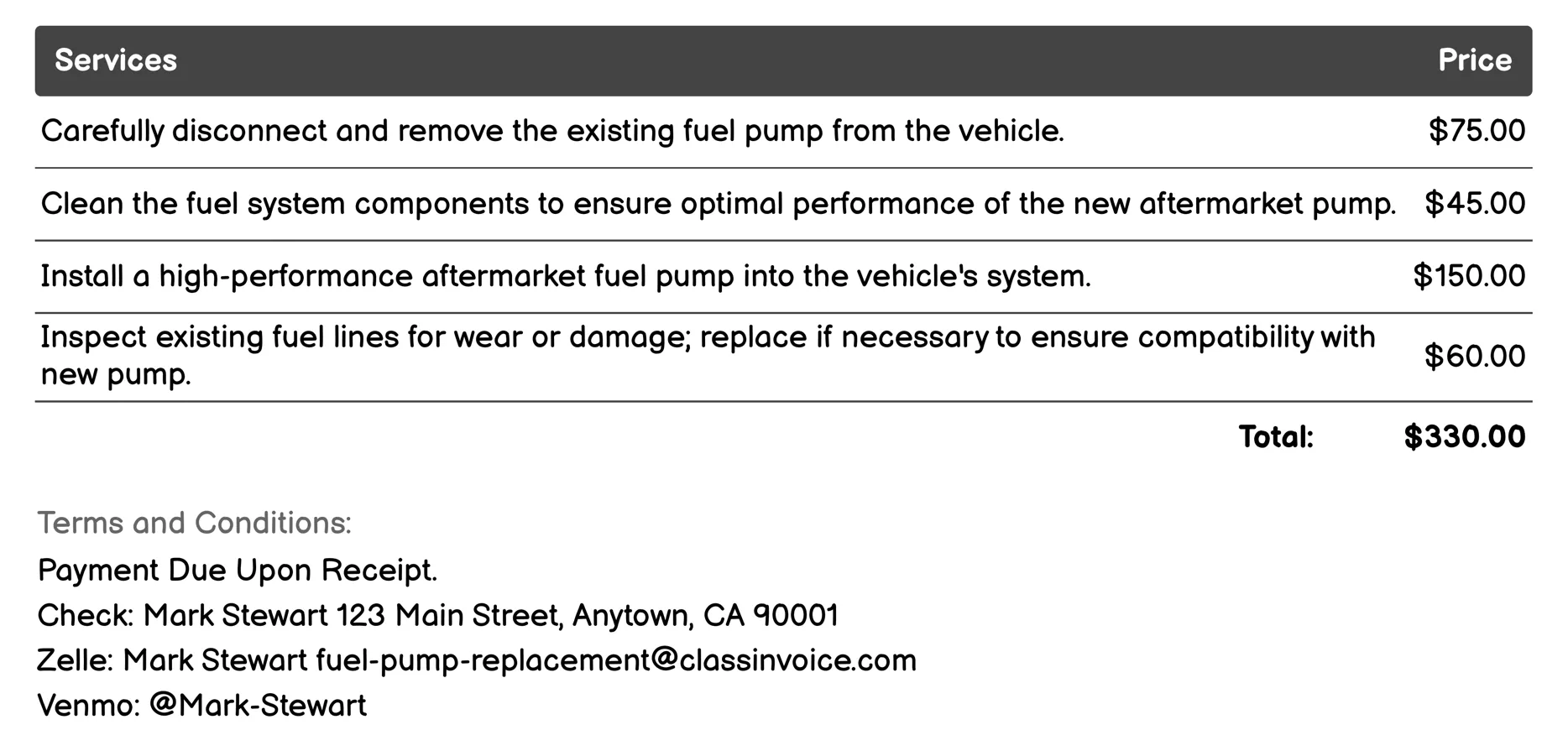 Aftermarket Fuel Pump Replacement Invoice Example