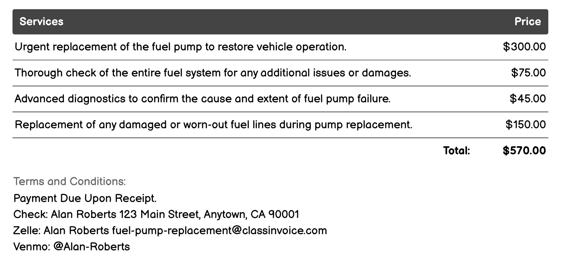Emergency Fuel Pump Replacement Invoice Example