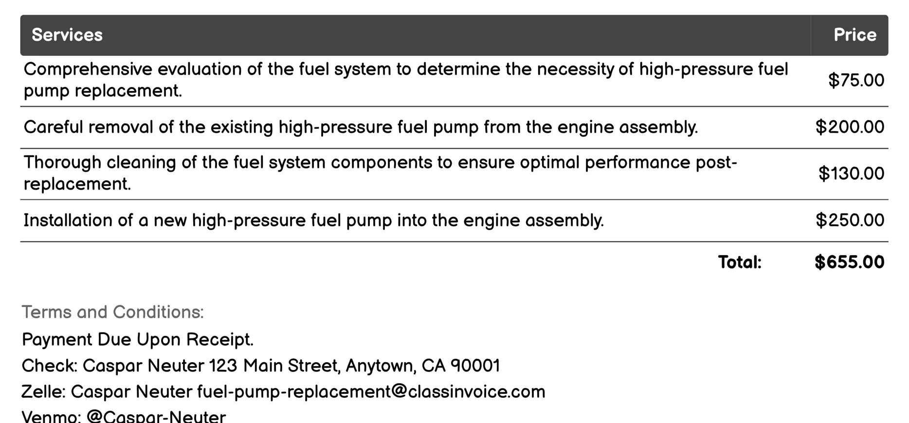 High-Pressure Fuel Pump Replacement Invoice Example