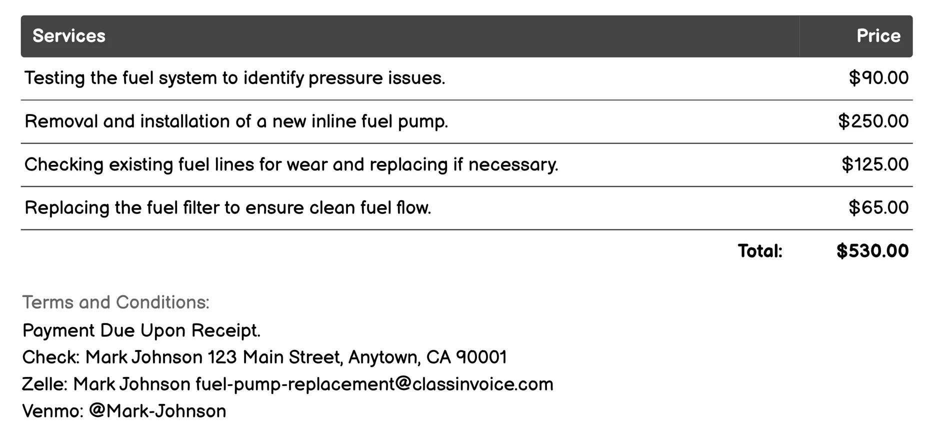 Inline Fuel Pump Replacement Invoice Example
