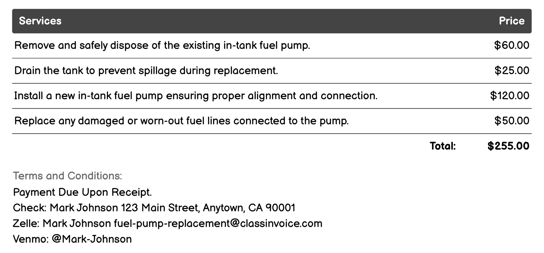 In-tank Fuel Pump Replacement Invoice Example